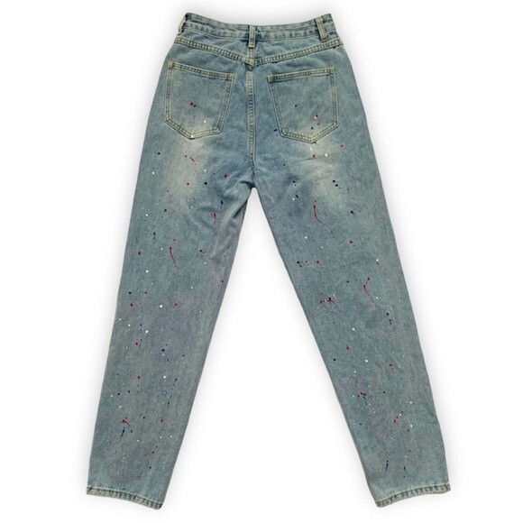 90s Style High Waisted Jeans 2 Blue Light Wash Denim Paint Splatter Taper Retro - Picture 2 of 8